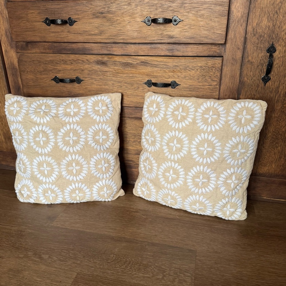 Beige Embroidered Throw Pillows with Flowers 
Bought in Barcelona